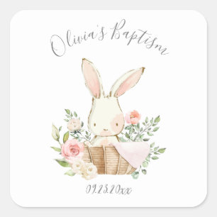 Sticker Carré Baptême rose Blush Lapin Lapin Fille Bébé