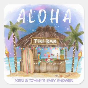 Sticker Carré Bar de plage Tiki Tropical Surf & Sea Baby Shower