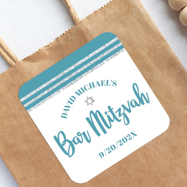 Sticker Carré Bar Mitzvah Bleu Turquoise Argent Tallit Écriture  (Créateur téléchargé)