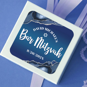 Sticker Carré Bar Mitzvah Modern Navy Blue Ombre Agate Script