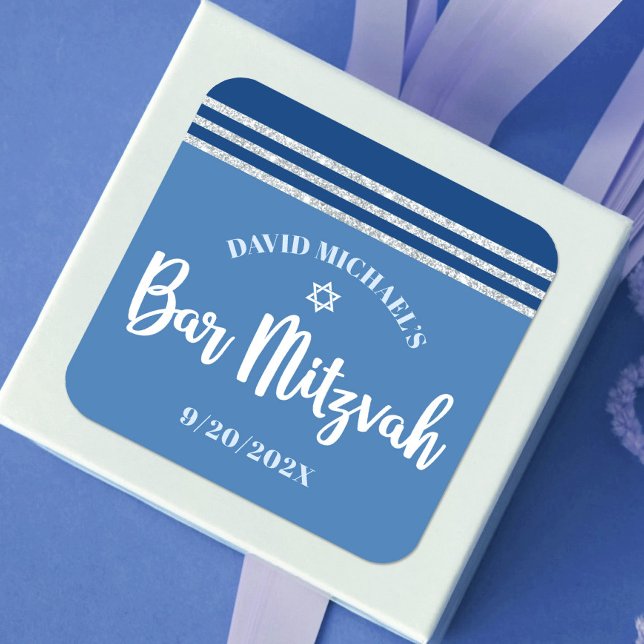 Sticker Carré Bar Mitzvah moderne Silver Blue Tallit Bold Script (Créateur téléchargé)
