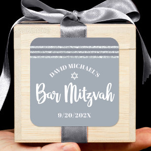 Sticker Carré Bar Mitzvah moderne Silver Grey Tallit Gras Script