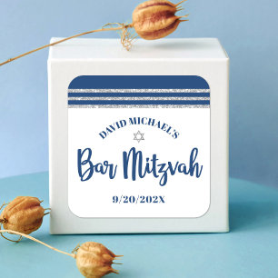 Sticker Carré Bar Mitzvah Moderne Tallit Bleu Marine Argent Écri