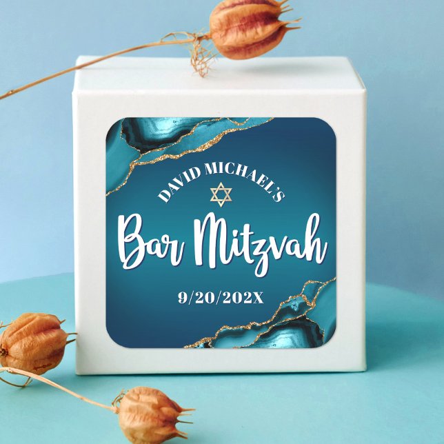 Sticker Carré Bar Mitzvah Turquoise Moderne Ombré Agate Script (Créateur téléchargé)