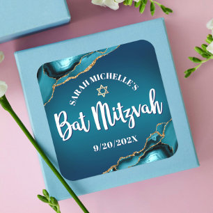 Sticker Carré Bar Mitzvah Turquoise Or Agate Ombré Gras