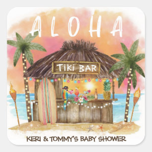 Sticker Carré Bar Tiki Tropical Surf & Sea Baby Shower