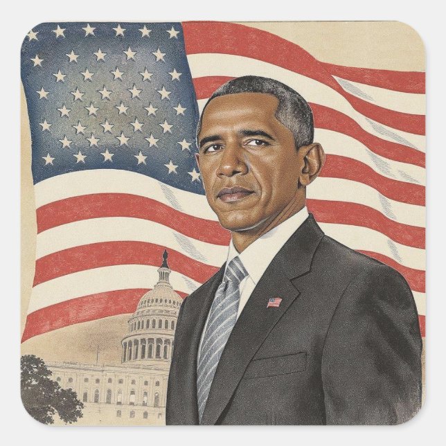 Sticker Carré Barack Obama devant le drapeau américain et le Cap (Devant)