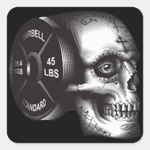 Sticker Carré Barbell Plaque et crâne - entraînement Gym Motivat