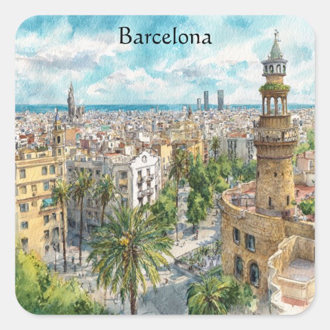 Sticker Carré Barcelona Spain Catalonia City VIew Oil Paint (Devant)