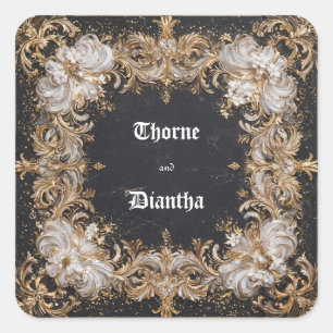Sticker Carré Baroque Or Blanc Floral Mariage Marbre Luxueux Or
