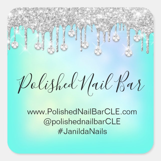 Sticker Carré Barre à ongles Holographique Bleu Diamant Drips (Devant)