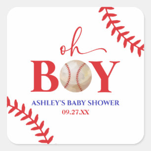 Sticker Carré Baseball Oh Boy Red Baby shower blanc