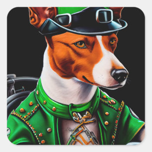 Sticker Carré Basenji Chien conduisant vélo St. Patrick's Day
