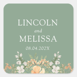 Sticker Carré Basil, Pêche et Mariage floral blanc