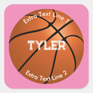 Sticker Carré Basket-ball, Nom Blanc, 2 Lignes De Texte, Rose