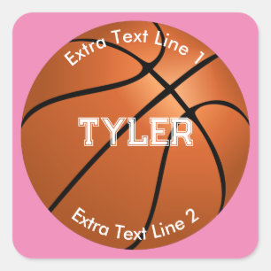 Sticker Carré Basket-ball, Nom Blanc, 2 Lignes De Texte, Rose
