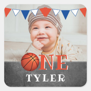 Sticker Carré Basketball Ball ONE Chalkboard Photo 1er anniversa