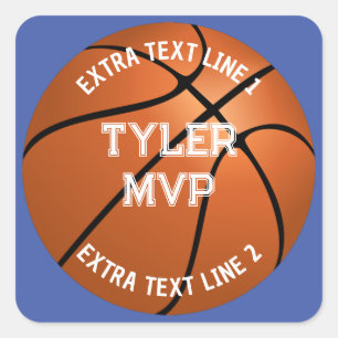 Sticker Carré Basketball, Nom de l'enfant, MVP/Numéro, 2 lignes