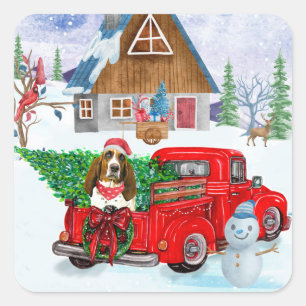 Sticker Carré Basset Hound chien dans la livraison de Noël Camio