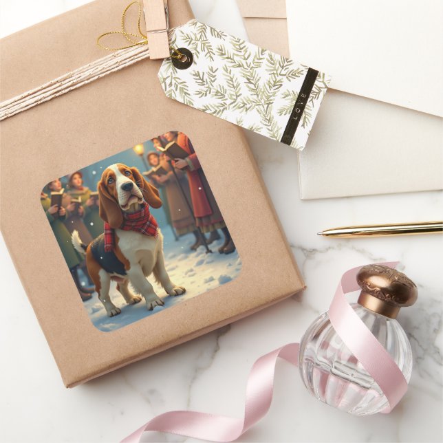 Sticker Carré Basset Hound Christmas Carol Singers Painting (Cadeaux)