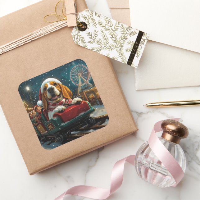 Sticker Carré Basset Hound Dog Roller Dessous de verre Noël (Cadeaux)