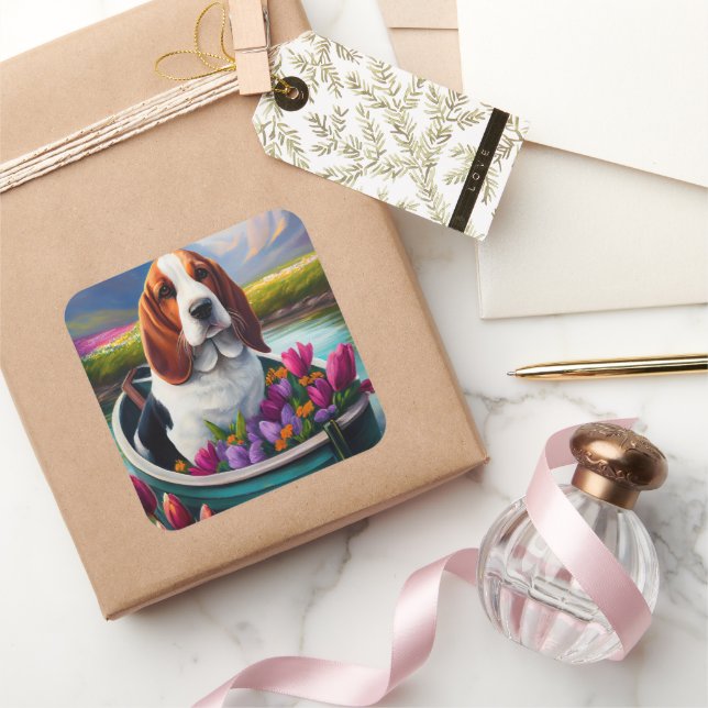 Sticker Carré Basset Hound Dog sur une pagaie : une aventure Pit (Cadeaux)