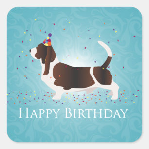 Sticker Carré Basset Hound Joyeux design d'anniversaire