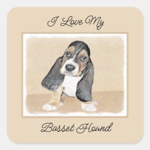 Sticker Carré Basset Hound Peinture Chiot - Art Chien original