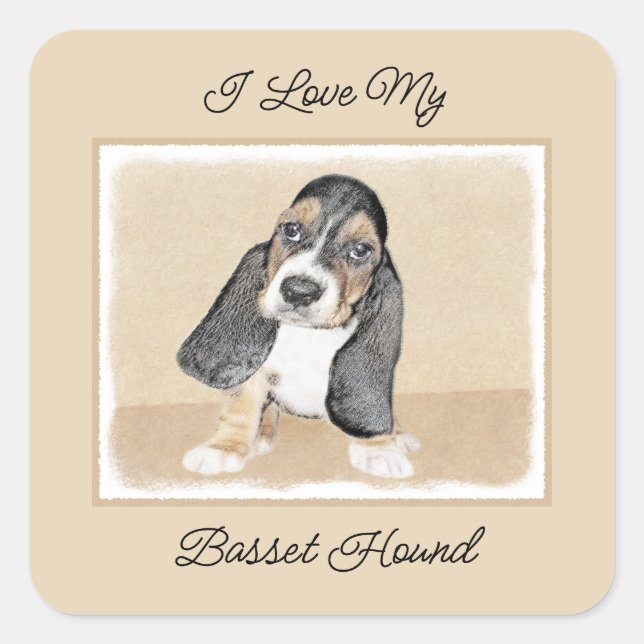 Sticker Carré Basset Hound Peinture Chiot - Art Chien original (Devant)