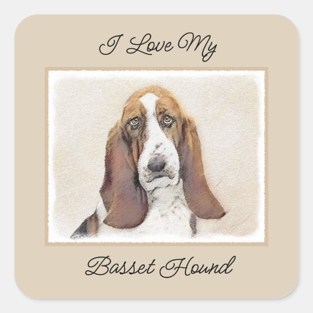 Sticker Carré Basset Hound Peinture - Cute Original Chien Art (Devant)