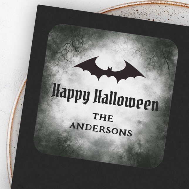 Sticker Carré Bat Happy Halloween grunge noir (Bat Happy Halloween black grunge Square Sticker)