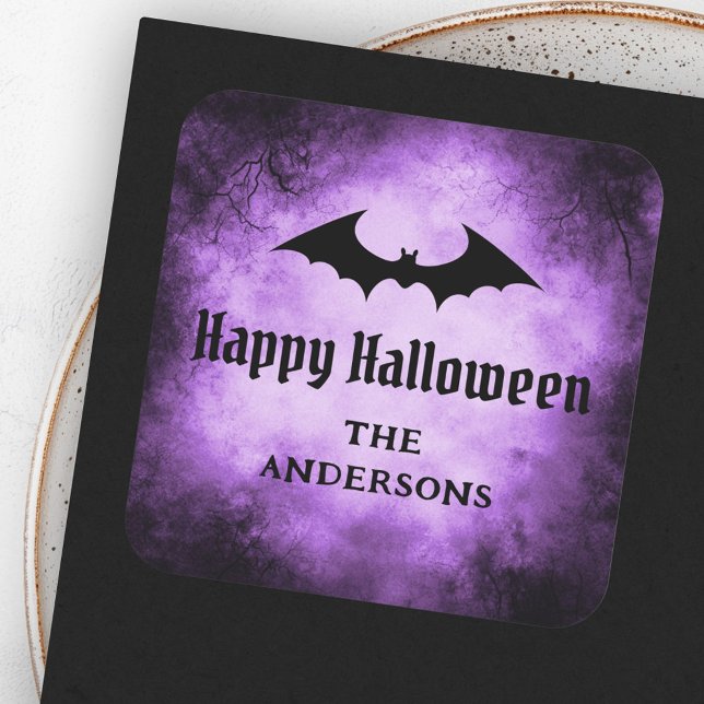 Sticker Carré Bat Happy Halloween noir pourpre grunge (Bat Happy Halloween black purple grunge Square Sticker)