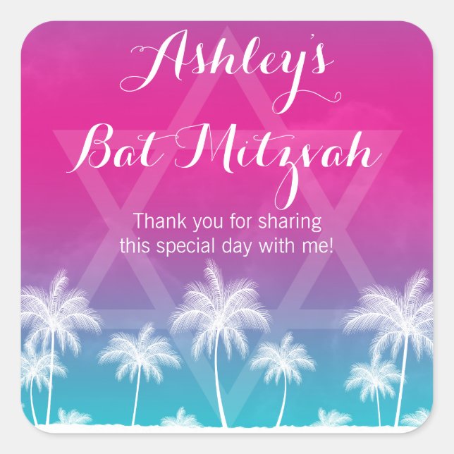 Sticker Carré Bat mitzvah bleu Turquoise tropical (Devant)