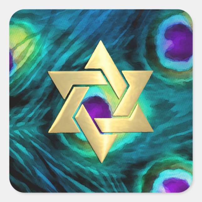 Sticker Carré Bat mitzvah Gold Star Peacock violet et Turquoise (Devant)