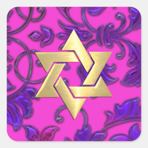 Sticker Carré Bat mitzvah Hot rose et Purple Damask