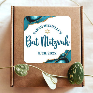 Sticker Carré Bat Mitzvah Moderne Turquoise Or Agate Script