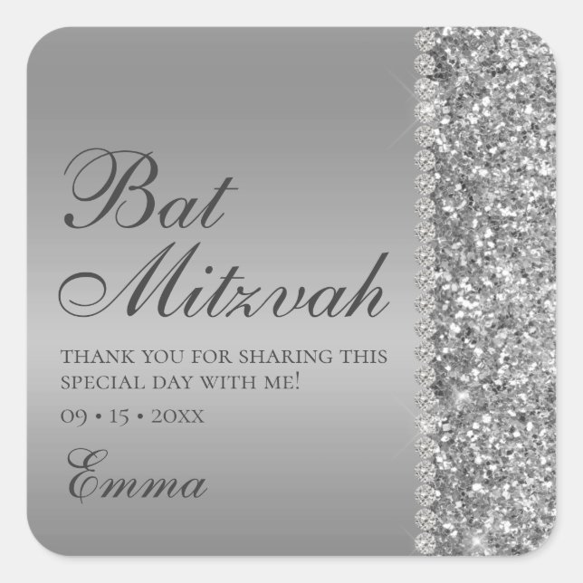 Sticker Carré Bat mitzvah Parties scintillant argent (Devant)