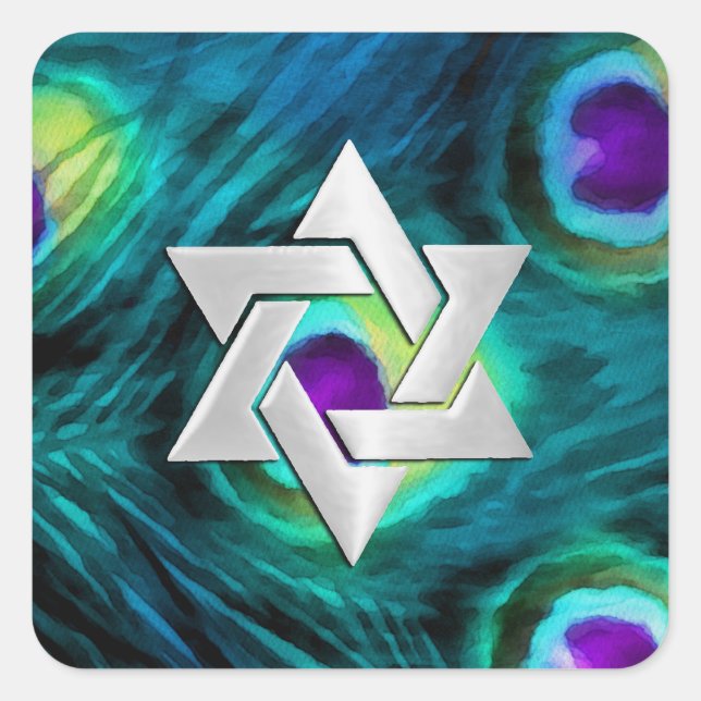 Sticker Carré Bat mitzvah Peacock Silver Star Violet et Turquois (Devant)