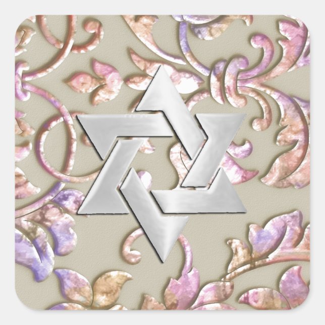 Sticker Carré Bat mitzvah rose et violet Embossé Look Damask (Devant)