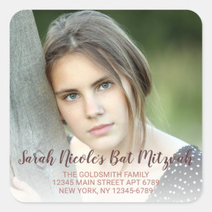 Sticker Carré Bat mitzvah Rose Gold Typographie Adresse photo