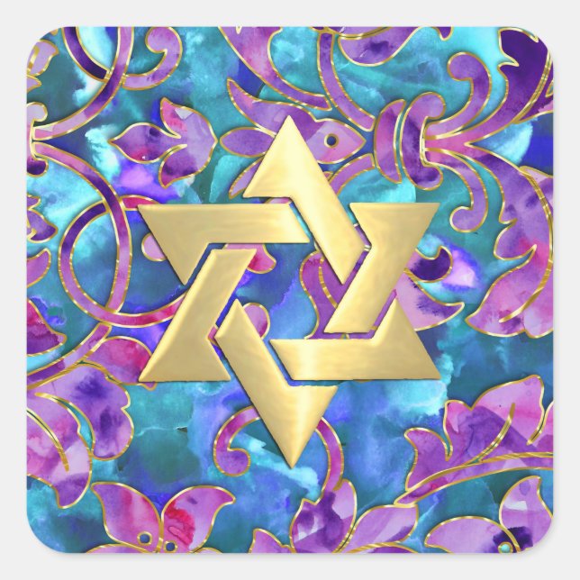 Sticker Carré Bat mitzvah rose violet turquoise Damask (Devant)