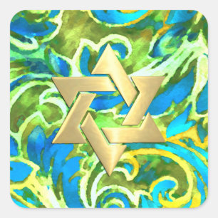 Sticker Carré Bat mitzvah Turquoise Bleu Vert Aquarelle Damas
