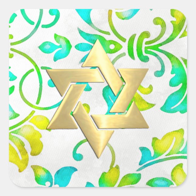Sticker Carré Bat mitzvah Turquoise Jaune et Vert Damas (Devant)
