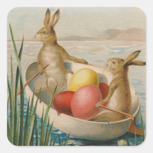 Sticker Carré Bateau à oeufs colorés lapin de Pâques
