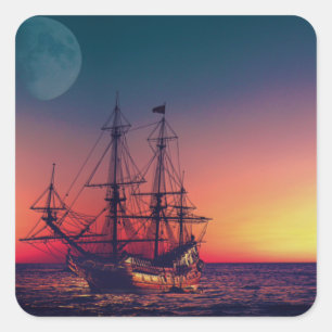 Sticker Carré Bateau à voile dans le coucher du soleil
