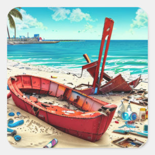 Sticker Carré Bateau, bouteilles et épaves usagés