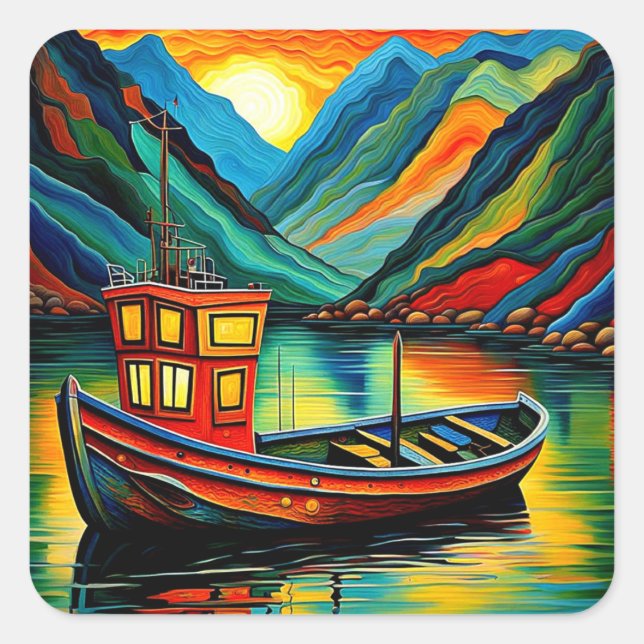 Sticker Carré Bateau dans le fjord 17 (Devant)