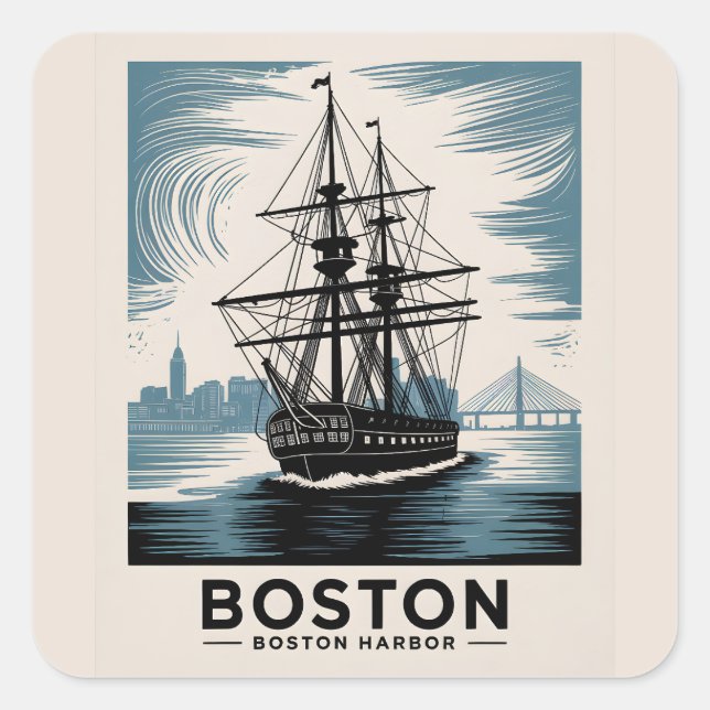 Sticker Carré Bateau de grande hauteur du port de Boston Retro V (Devant)