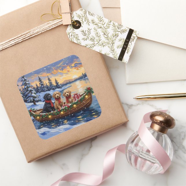 Sticker Carré Bateau de Noël Bernedoodle pour les Fêtes (Cadeaux)