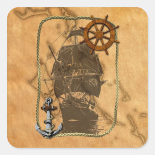 Sticker Carré Bateau et carte vintages nautiques